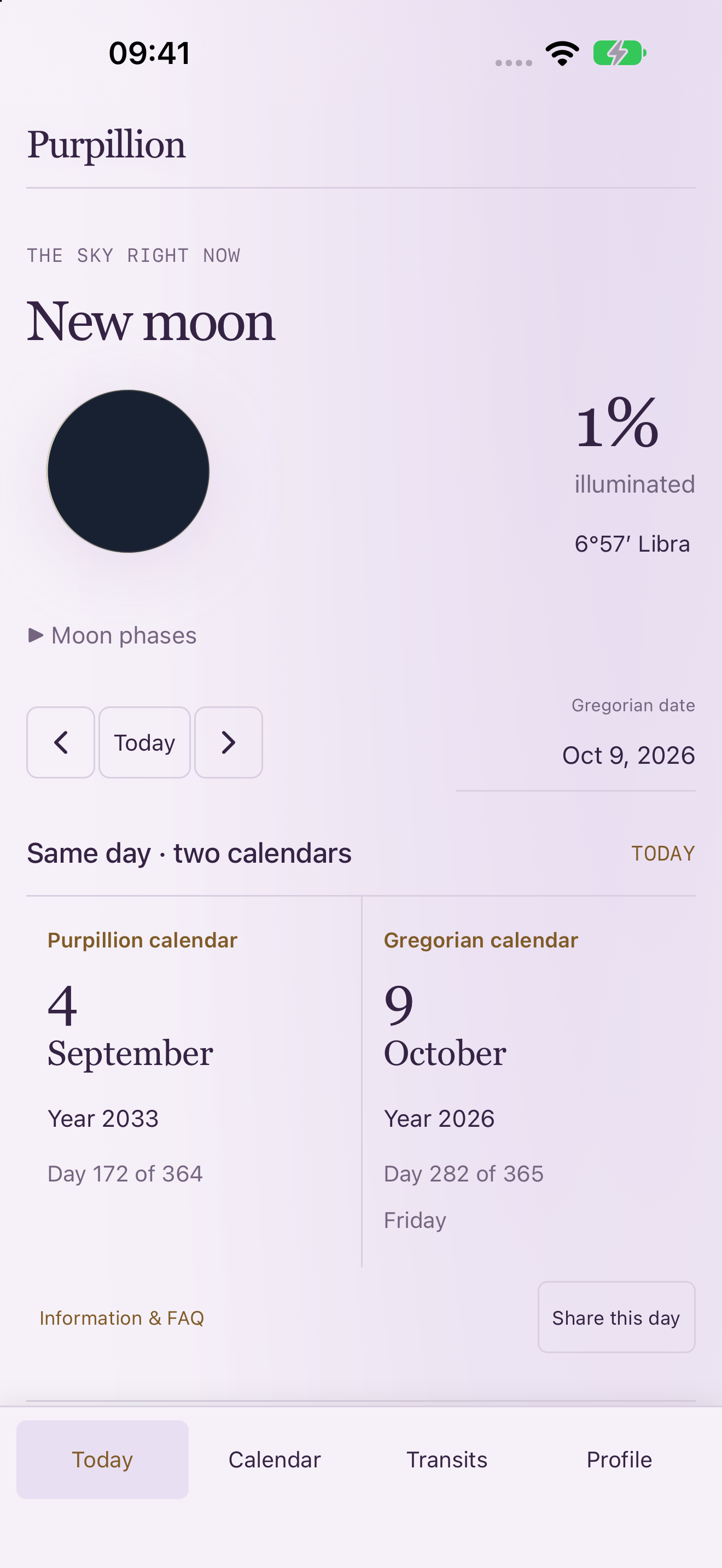 The Purpillion iOS app showing real moon illumination and the same day in both calendars.